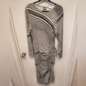 Reiss Women's Riyo Printed Ruched Midi Dress In Black & Olive Sz 12 Party Event
